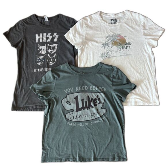 3 Kids Shirt Bundle Rock Band KISS Gilmore Girls Island Vibes Reef Surf Shirts - Picture 1 of 5